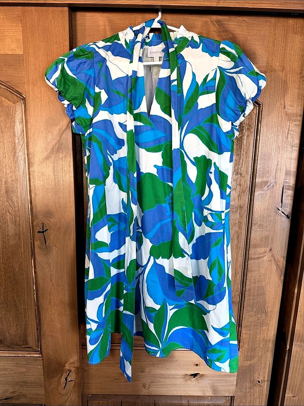 Sugarlips Botanica Tie Neck Ruffle Hem Dress Blue & Green